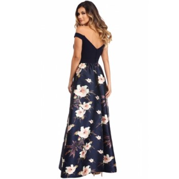 Off Shoulder Sweetheart Neck Bodice Floral Print Gown Red Blue